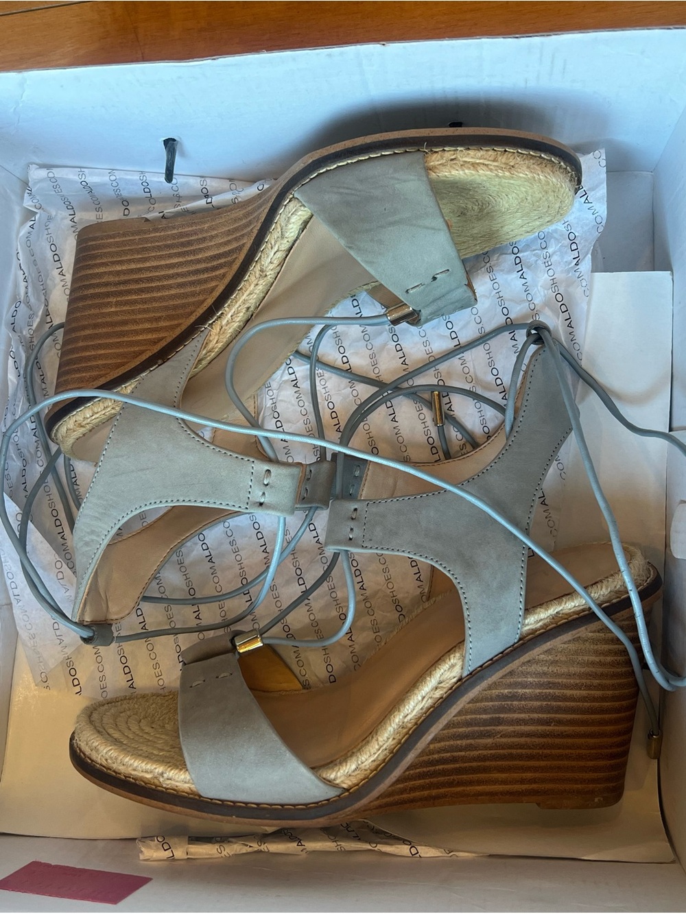 ALDO Terisa Light Grey blue Suede Lace-Up Wedge Sandals
